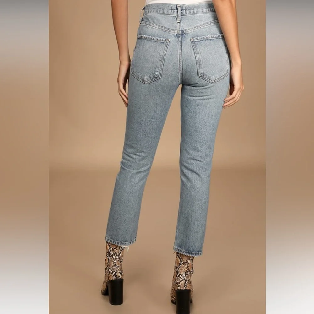 Agolde Riley Medium Wash Distressed High Rise Straight Jeans 24 - Picture 3 of 14